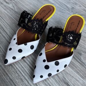 Malone Souliers x Emanuel Ungaro Maisie Mules • Polka Dot Satin & Lace • Size 35